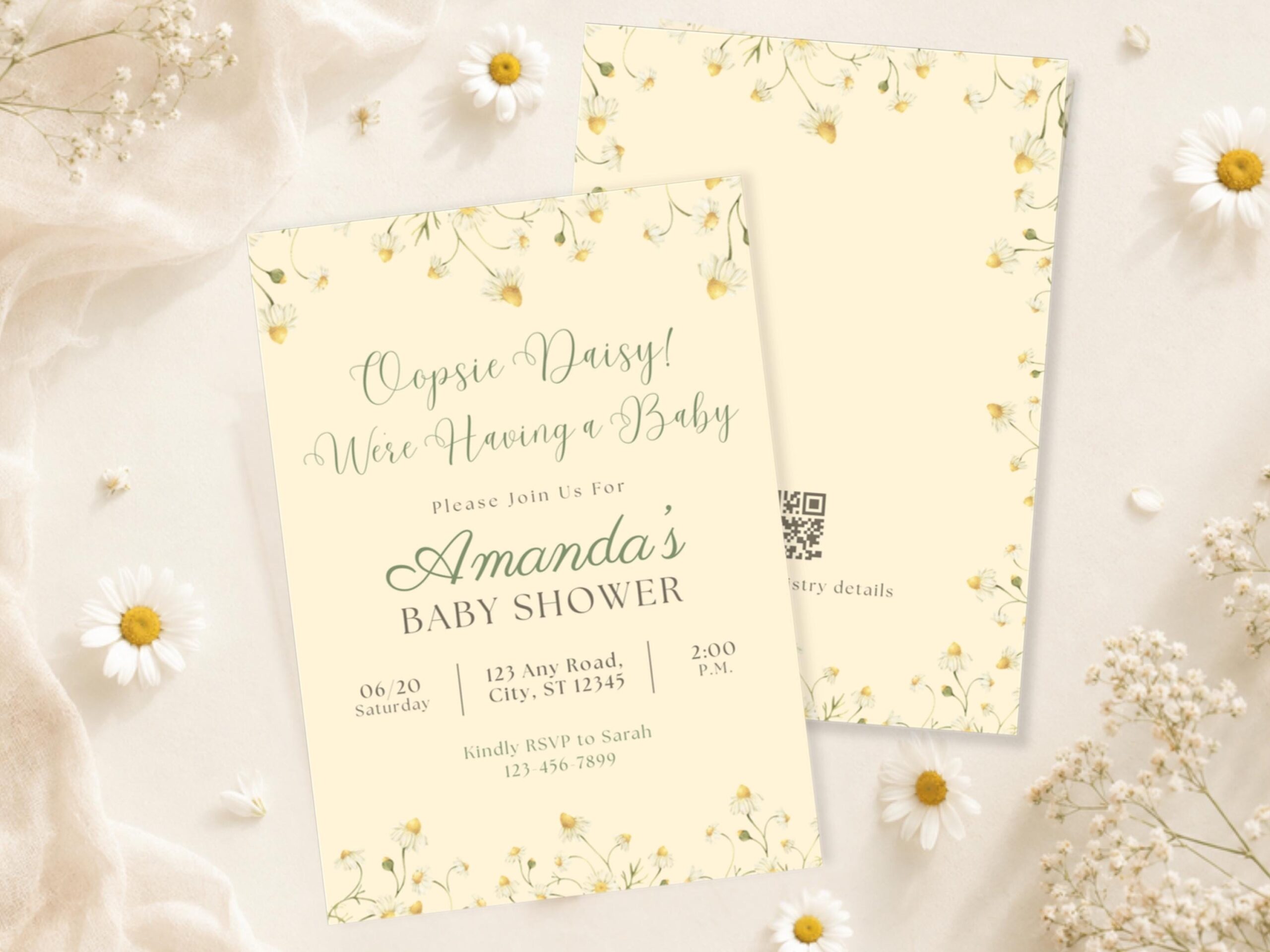 Oopsie Daisy We're Having a Baby Shower invitation by Events HQ — cream and daisy floral design