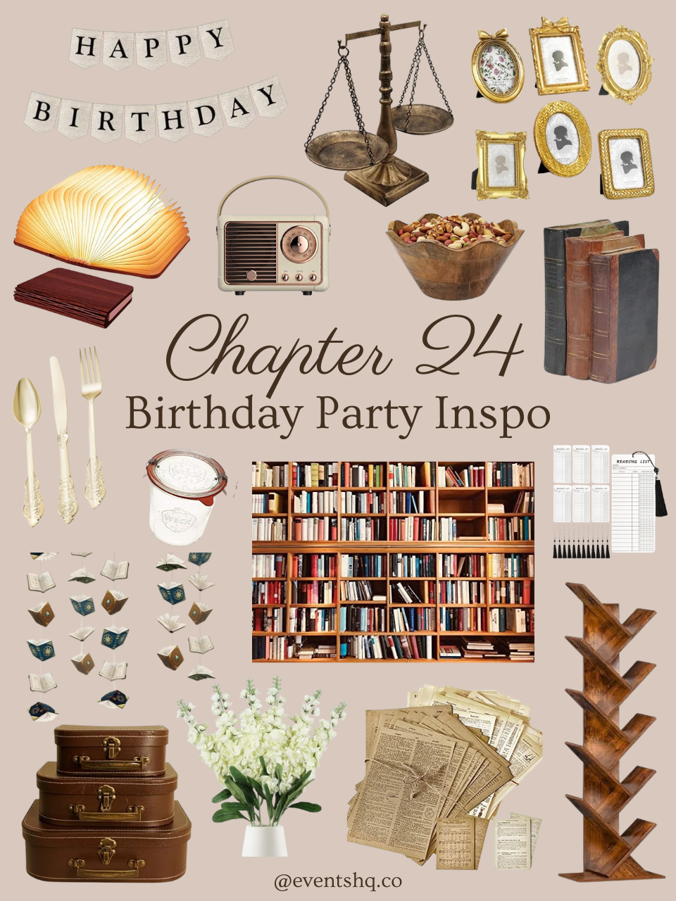 Chapter Age birthday party theme — vintage book and library themed Amazon decor