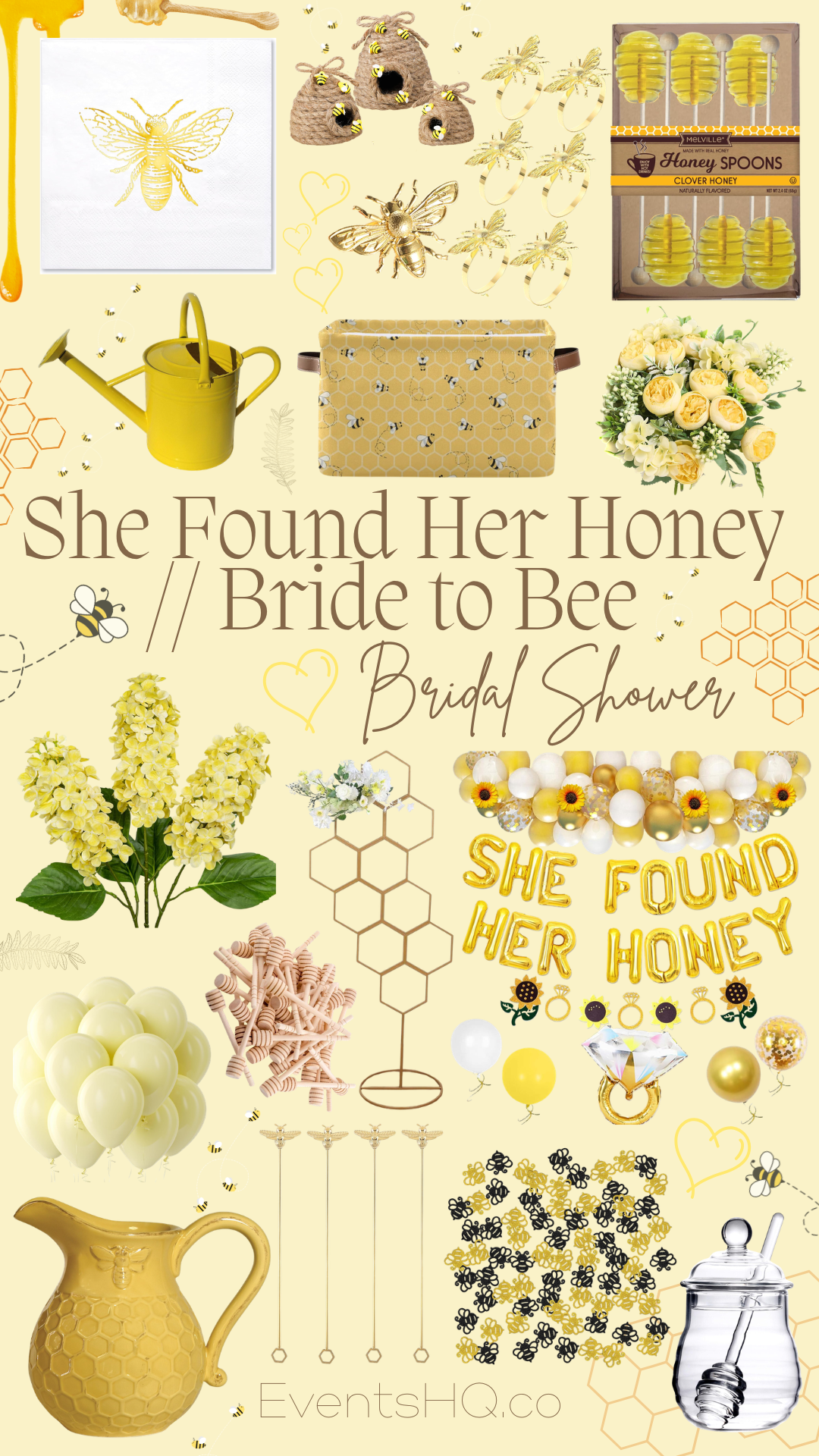 Bride To Bee bridal shower theme with honey, bees, honeycomb decor in yellow and black