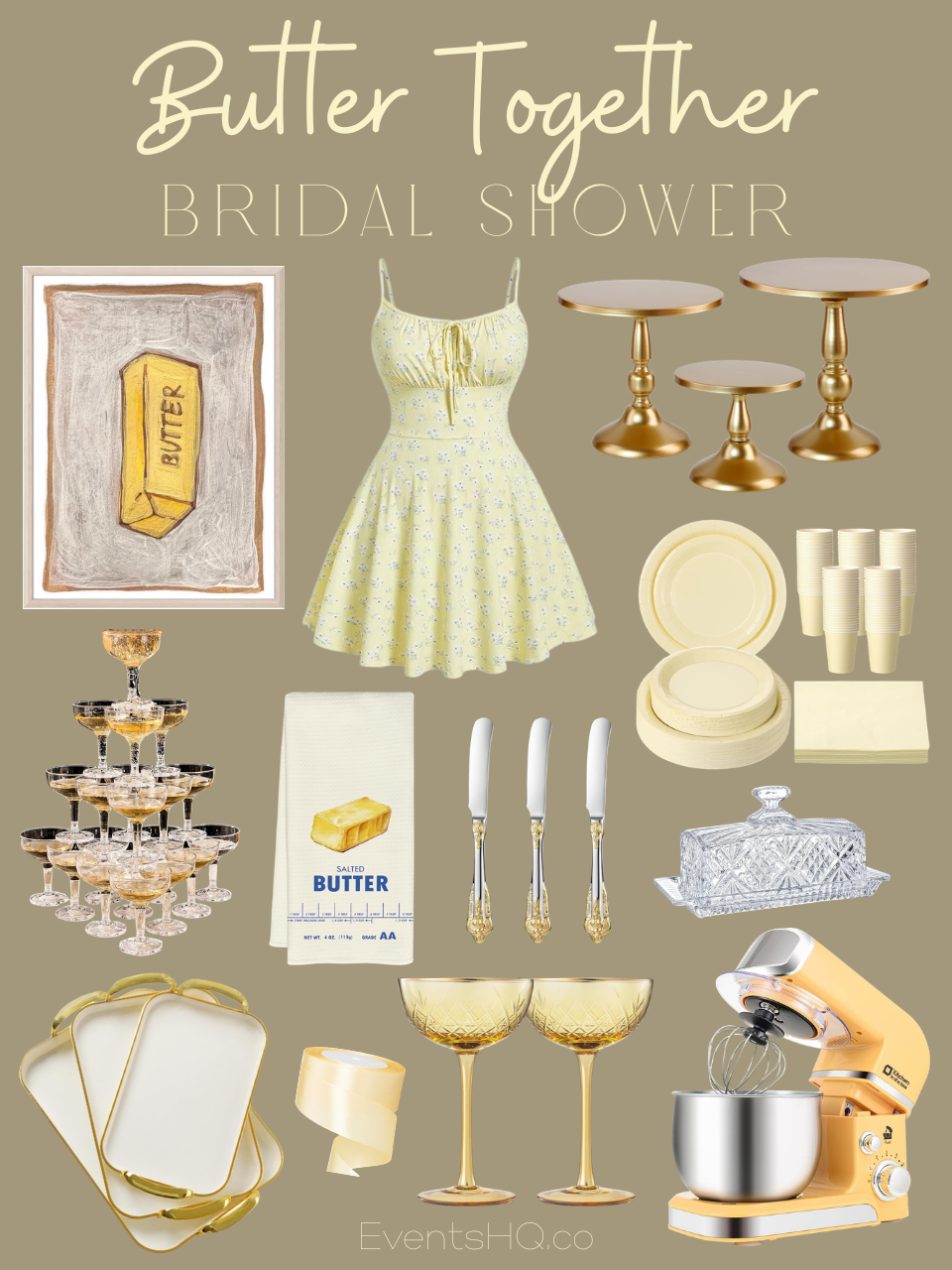 Butter Together bridal shower theme with butter yellow palette with baked goods and blue packaging accents