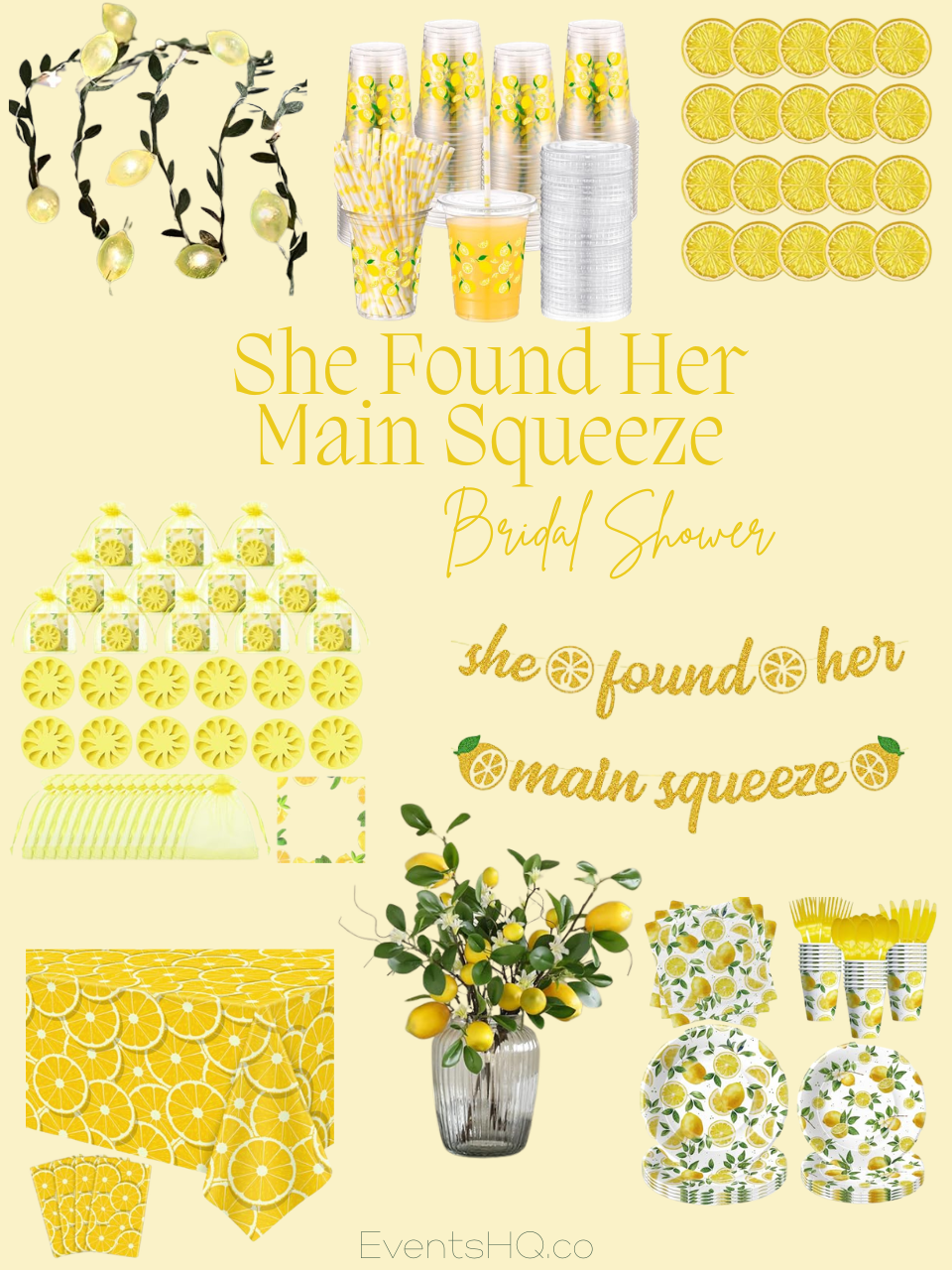 She Found Her Main Squeeze bridal shower theme with lemon and yellow palette with lemonade bar