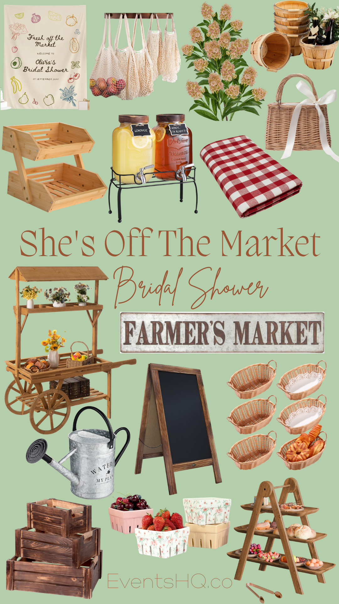 She's Off The Market bridal shower theme with farmer's market with wooden crates and fresh produce