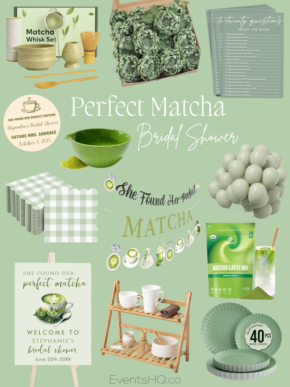 Perfect Matcha bridal shower theme with green palette with matcha bar and strawberry pink accents