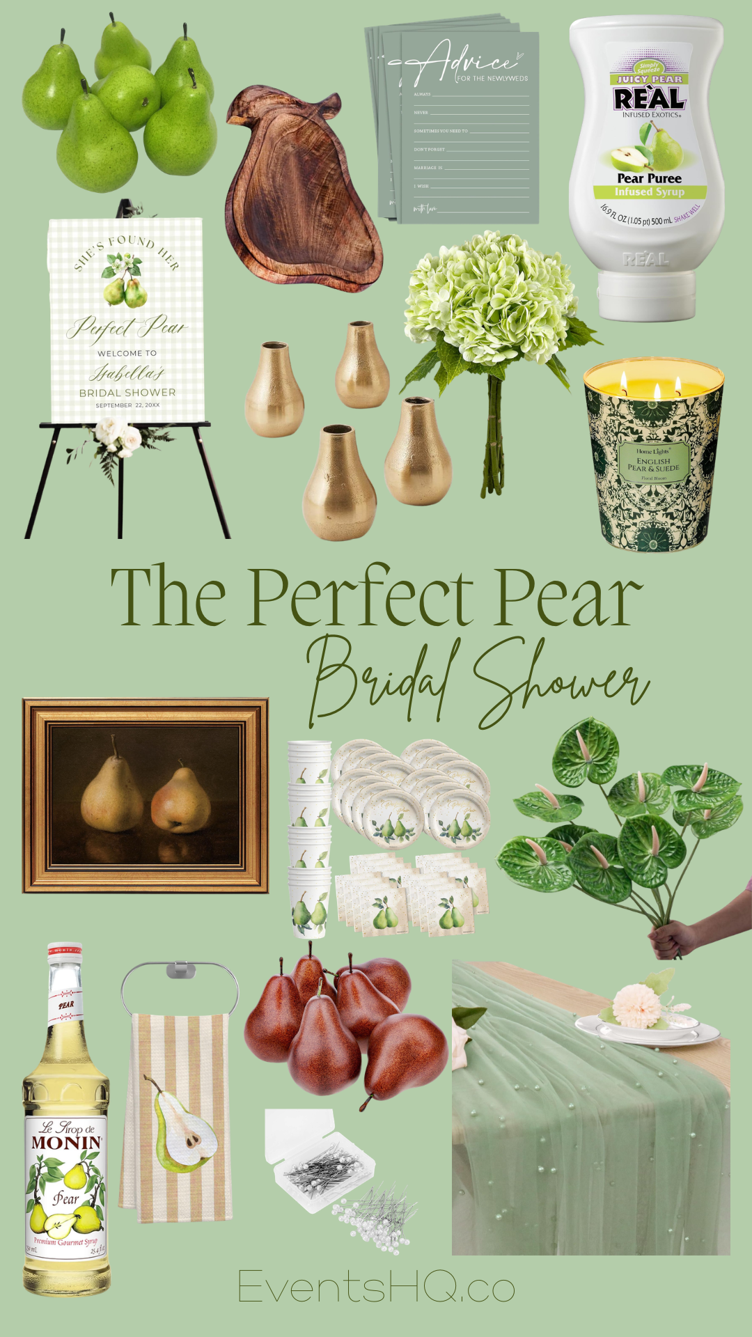 The Perfect Pear bridal shower theme with soft green palette with pears in florals and on the dessert table