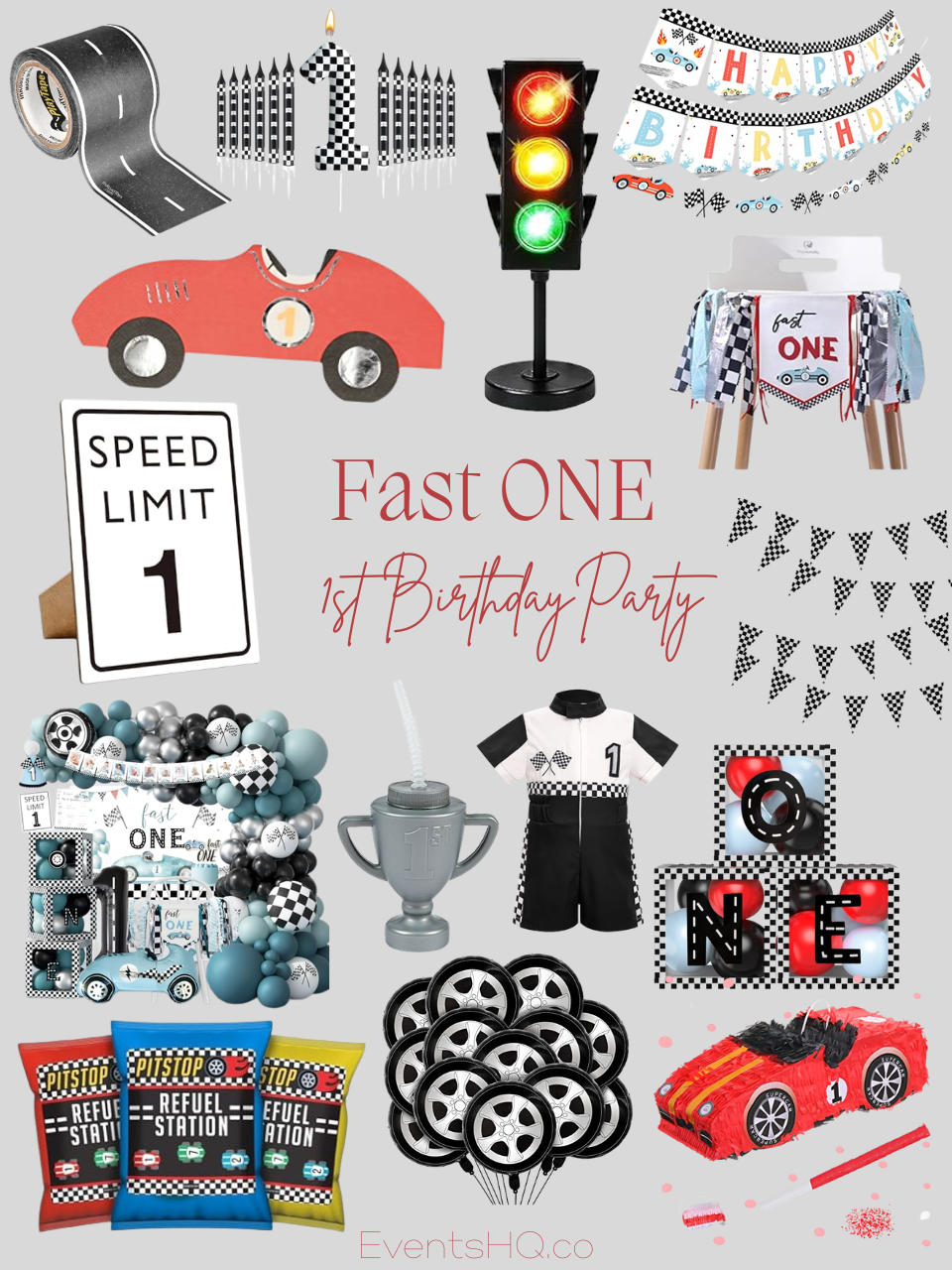 Fast ONE first birthday boy theme — race car red black white checkered Amazon finds