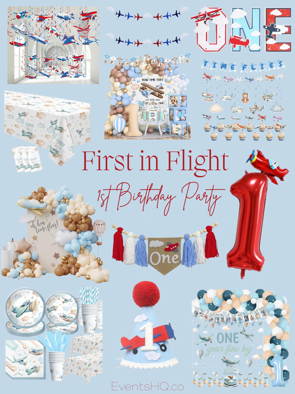 First in Flight first birthday boy theme — aviation blue white gold biplane Amazon finds