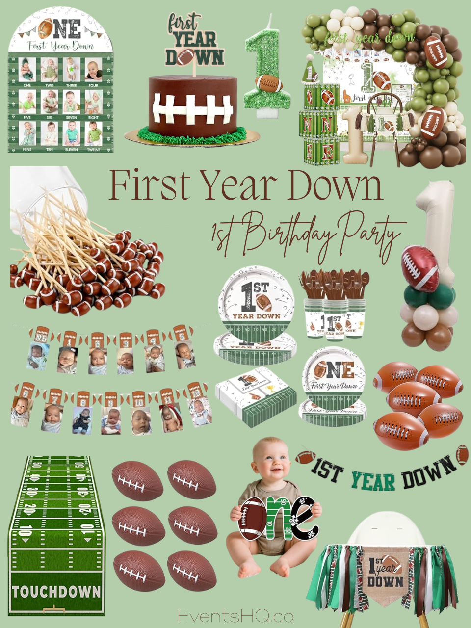 First Year Down first birthday boy theme — football green brown jersey Amazon finds