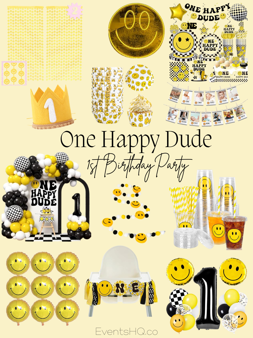 One Happy Dude first birthday boy theme — groovy smiley face yellow black white Amazon finds