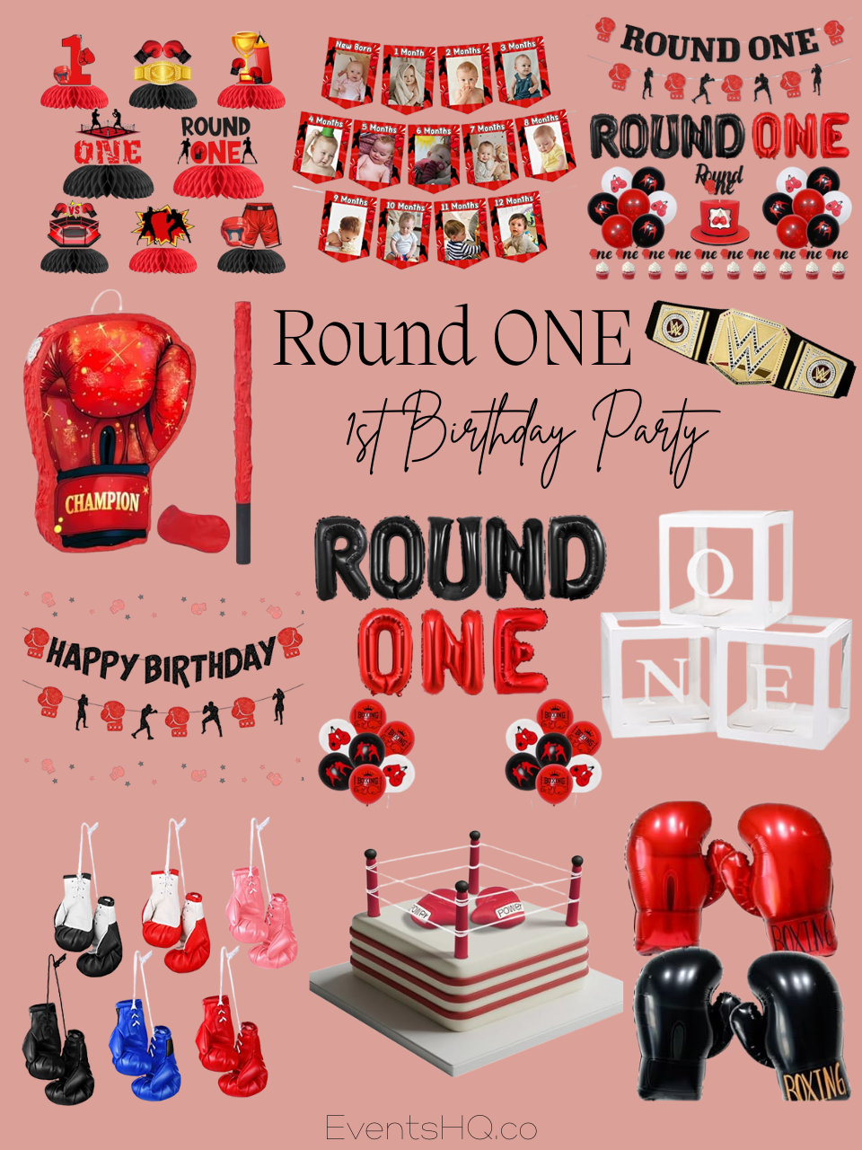 Round ONE first birthday boy theme — boxing red white black championship belt Amazon finds