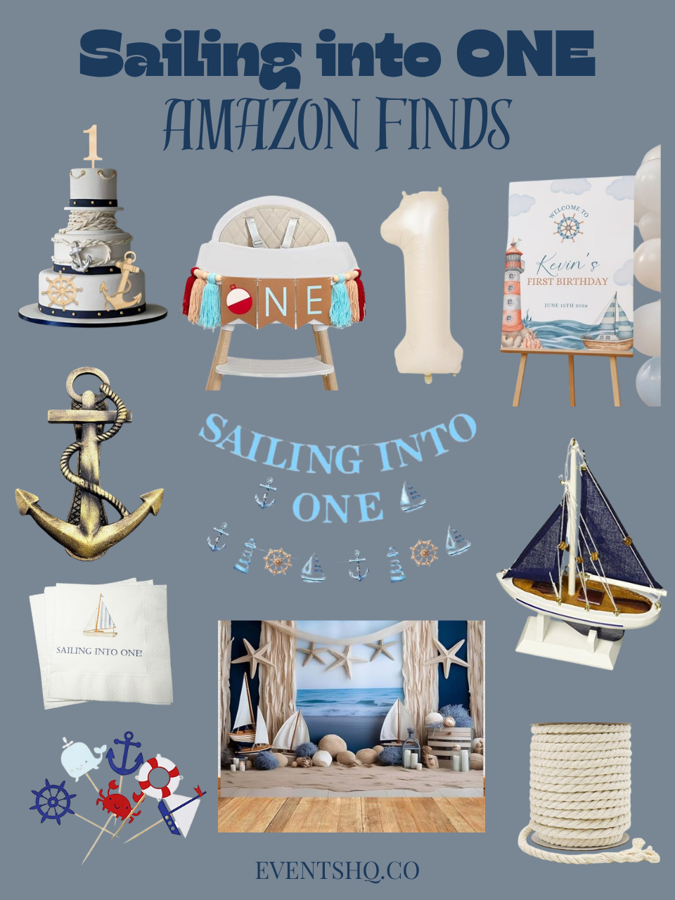 Sailing into ONE first birthday boy theme — nautical navy white rope lighthouse Amazon finds