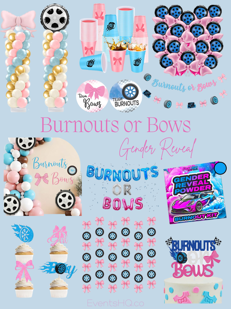 Burnouts or Bows gender reveal theme — race car checkered flag pink bows Amazon finds
