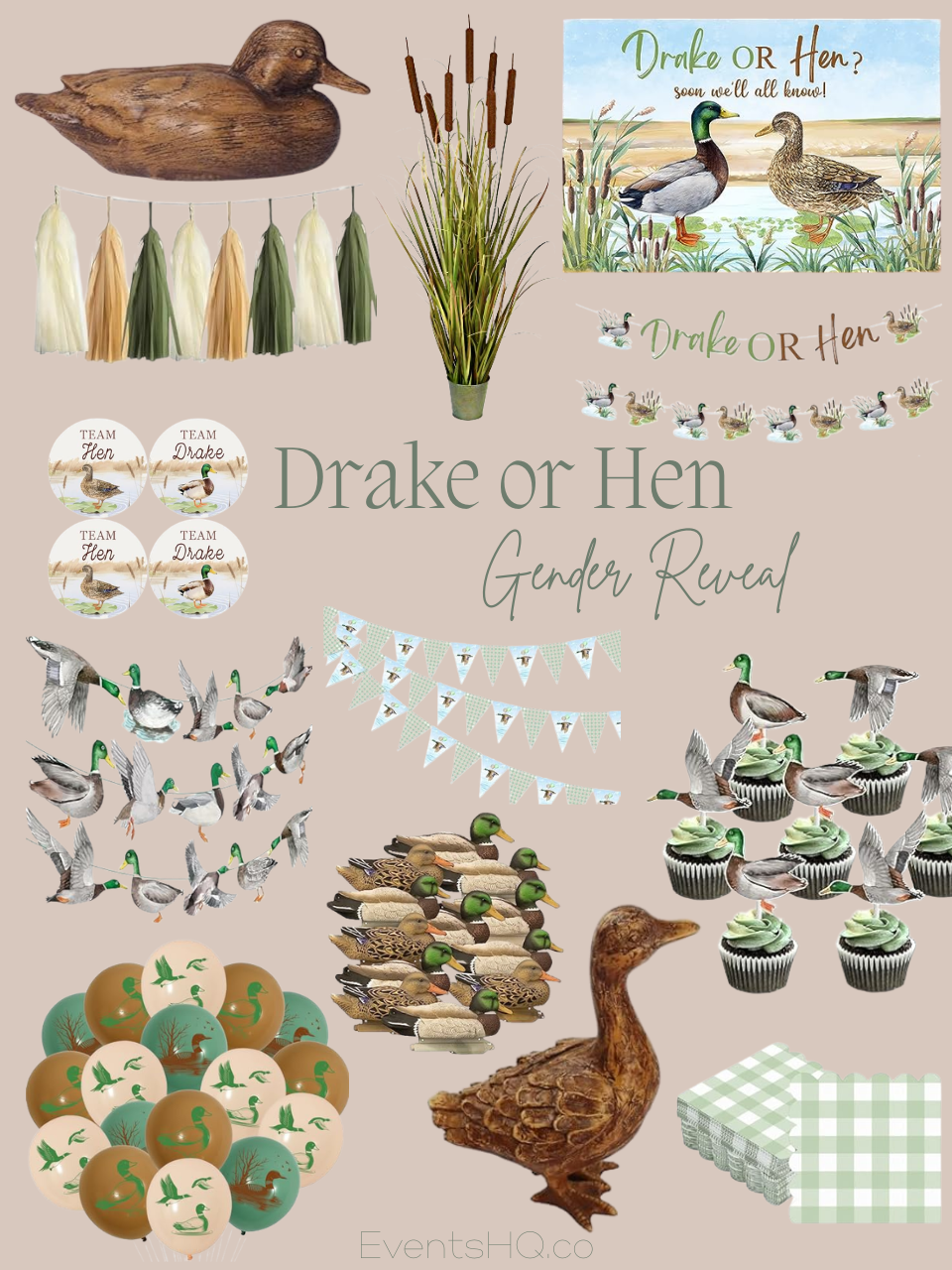 Drake or Hen gender reveal theme — duck pond sage teal brown Amazon finds
