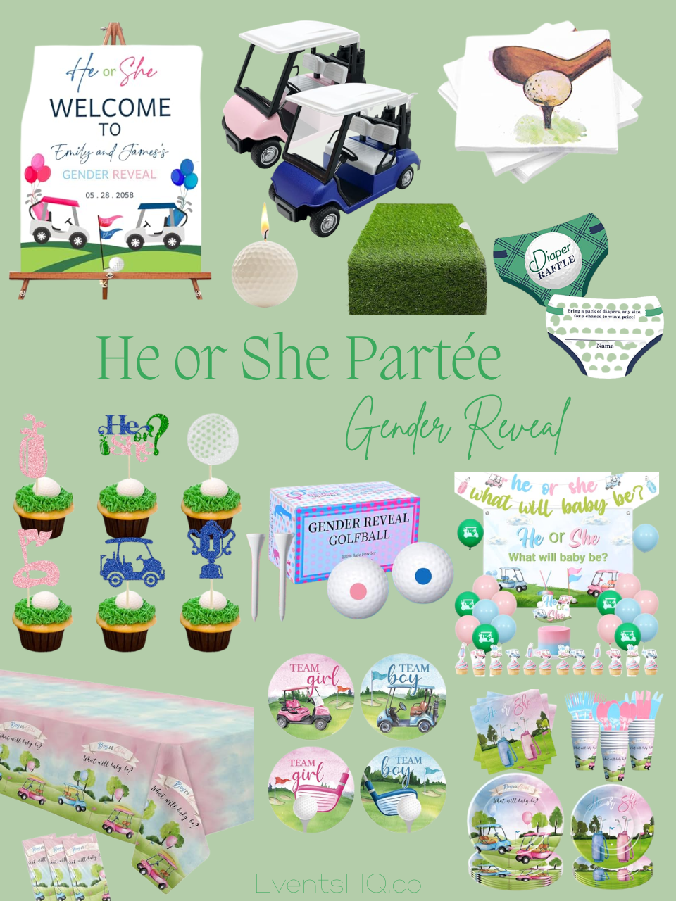 He or She Partee gender reveal theme — golf country club green pink Amazon finds