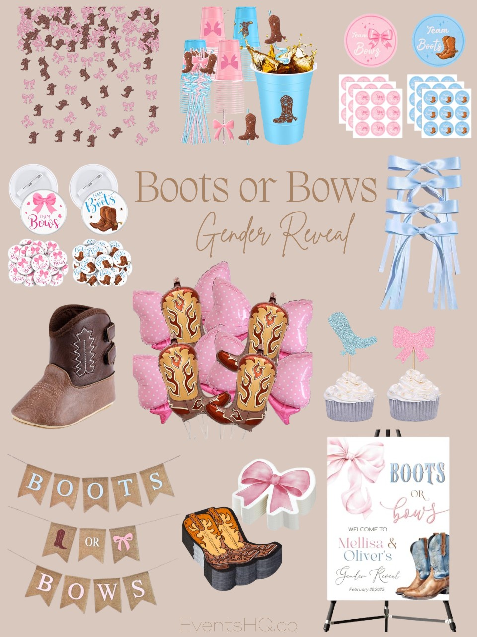 Boots or Bows gender reveal theme