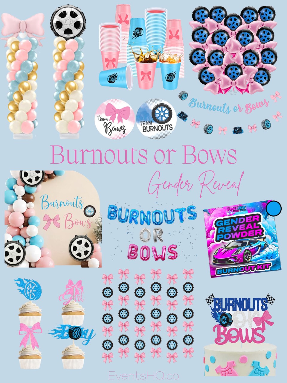 Burnouts or Bows gender reveal theme