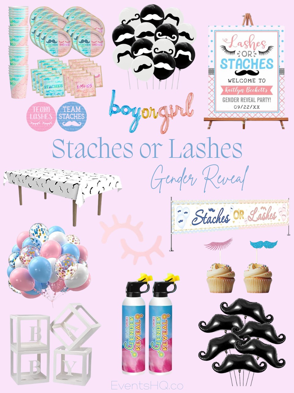 Staches or Lashes gender reveal theme
